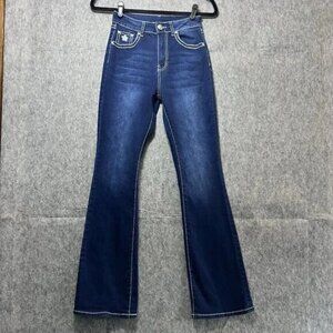 H&Y Fashion Jeans Womens 3/4‎ Boot Cut Thick Stitch Embroidered Bling Dark Wash